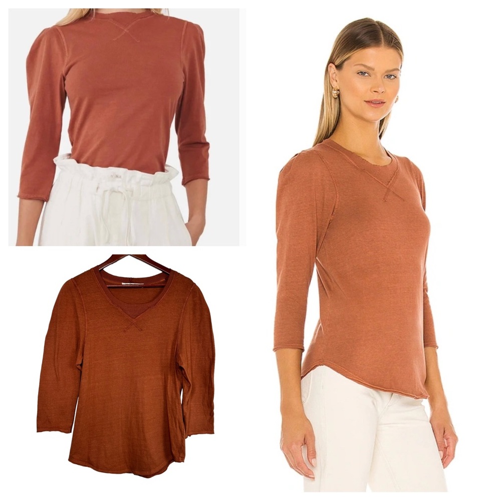 We the Free Clover Puff Shoulder Top Size XL Burnt Orange Mesa Curved Hem